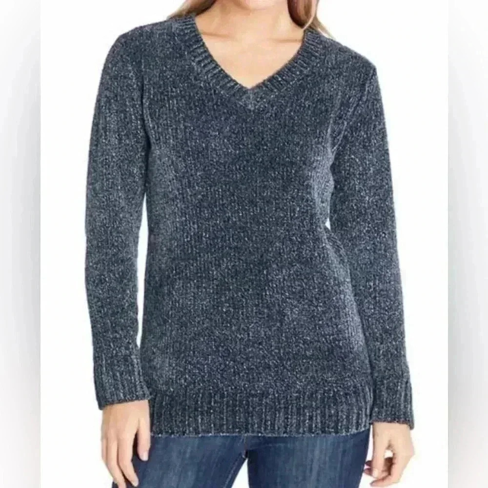 Orvis V-Neck Chenille Tunic Sweater Size Medium Marled Navy
